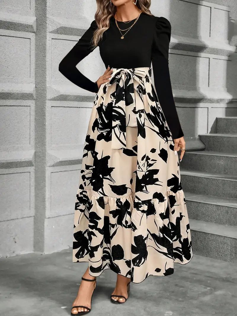 Womens Autumn Floral Print Crew-Neck Long-Sleeve Dress