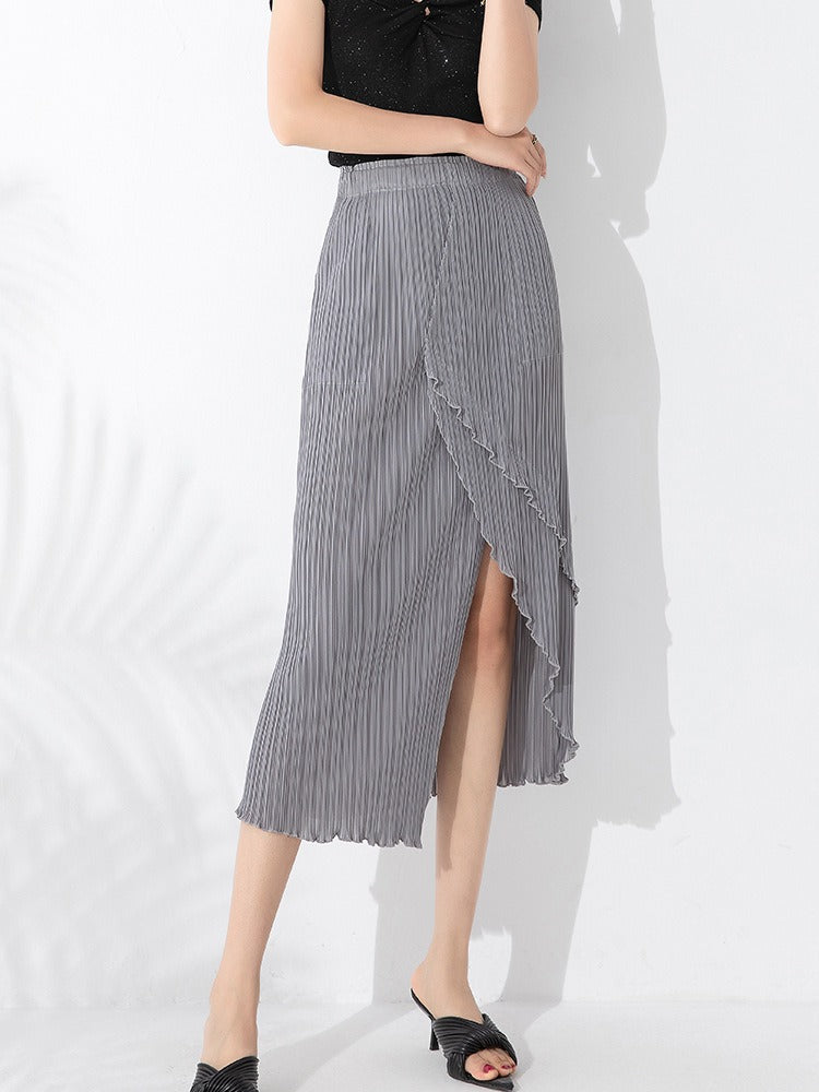 Spliced Pleated Skirt For Women High Elastic Waist Solid Color Solid Hip Wrap Split Skirts