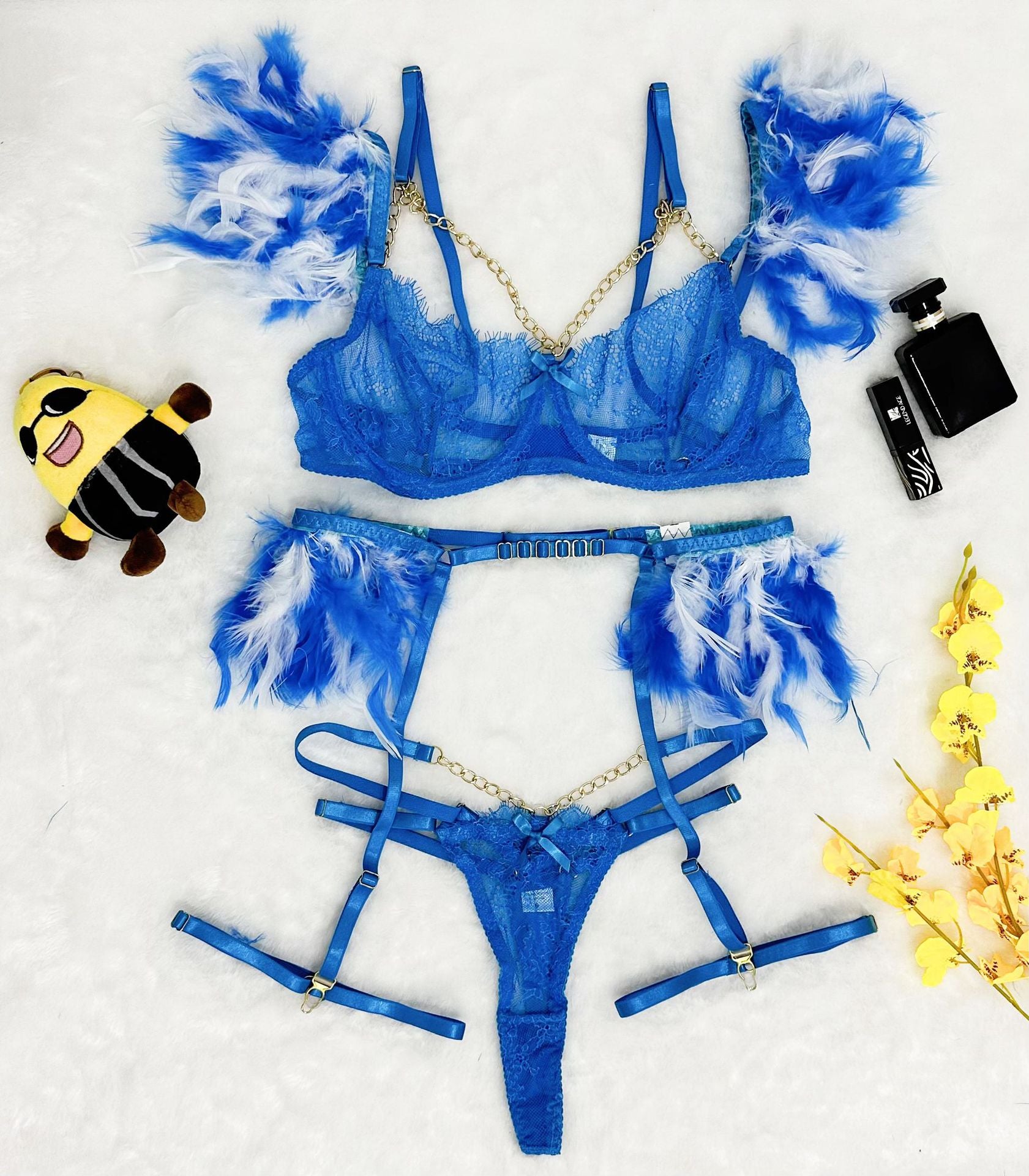 Sexy Lingerie Feather Lace Splicing Metal Chain Seductive Fitted Four-Piece Set