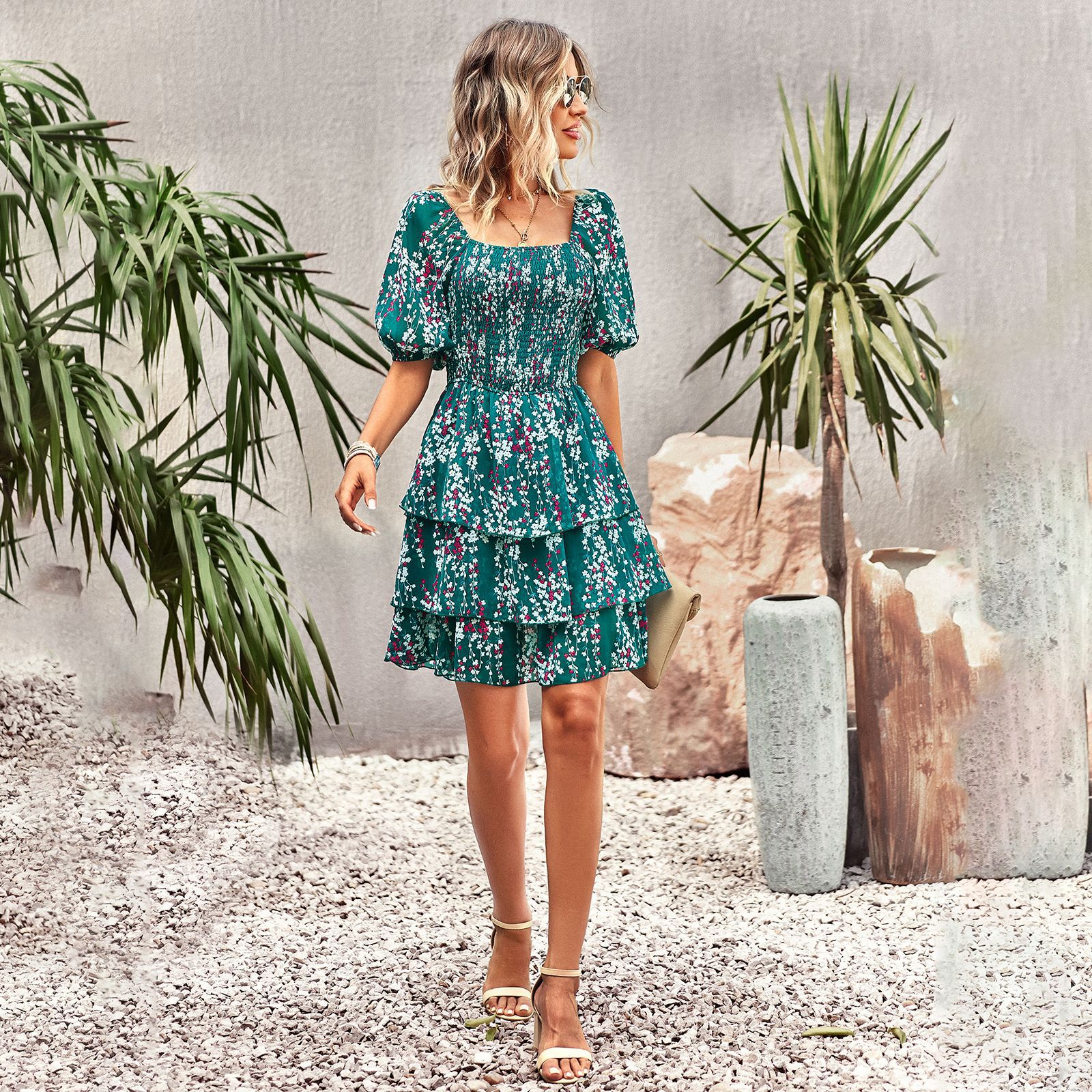 French Square Collar Cake Fashion Vacation Fashion Vacation Holiday Short Dress