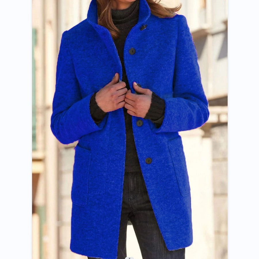 Stand Collar Woolen Coat With Pockets Fall Casual Button Outwear