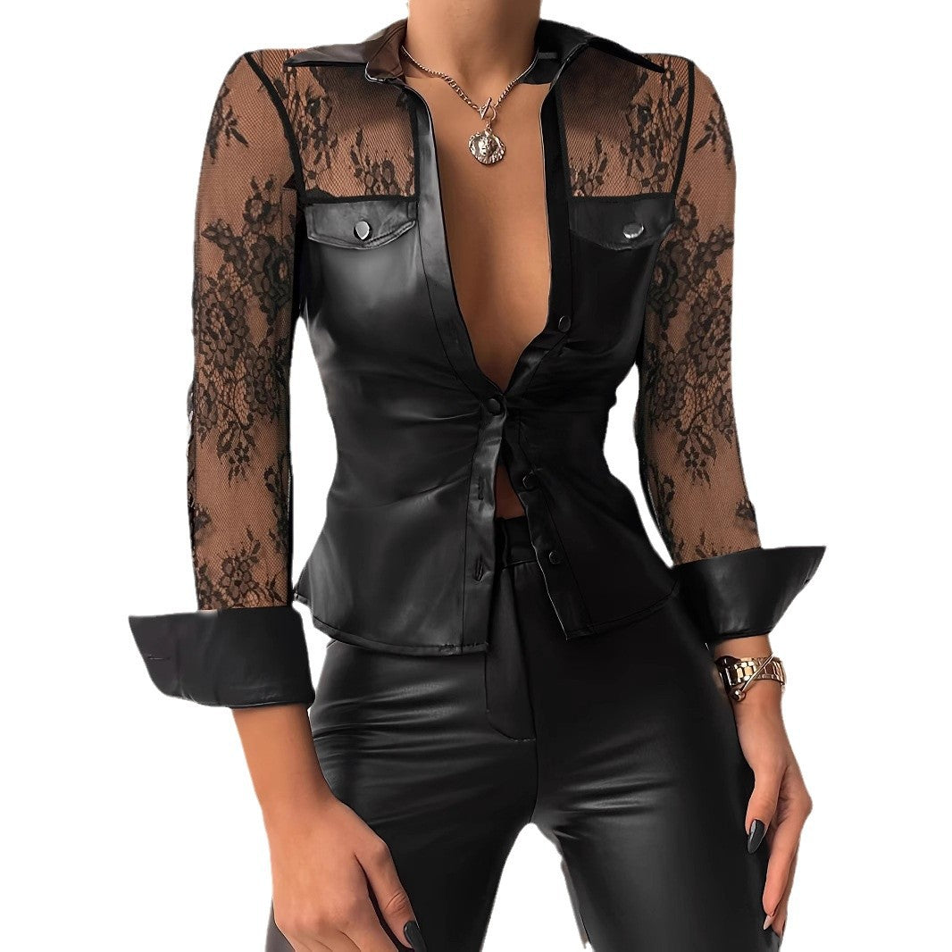 Lace Stitching PU Leather Shirt For Women