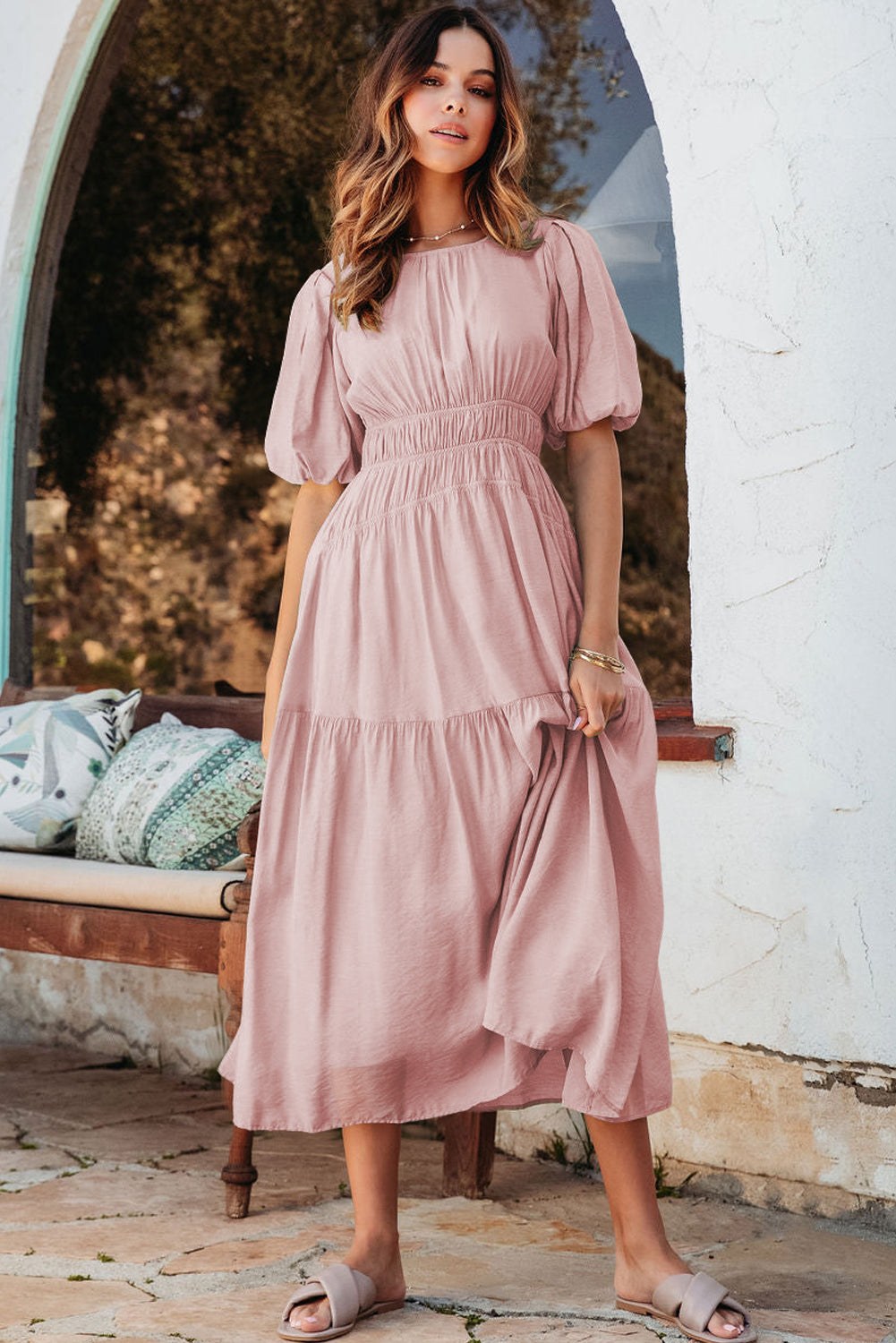 Light Blue Puff Sleeve High Waist Flowy Midi Dress