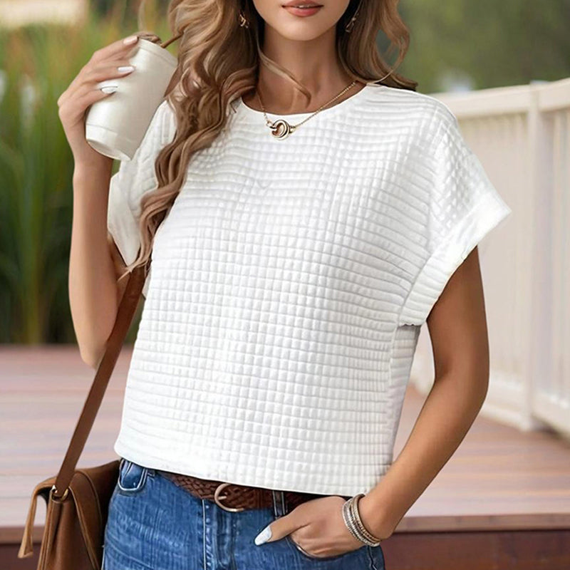 Women's Solid Color Round Neck Short Sleeve Top - Textured Cuff Detail Comfortable Summer Casual Tee