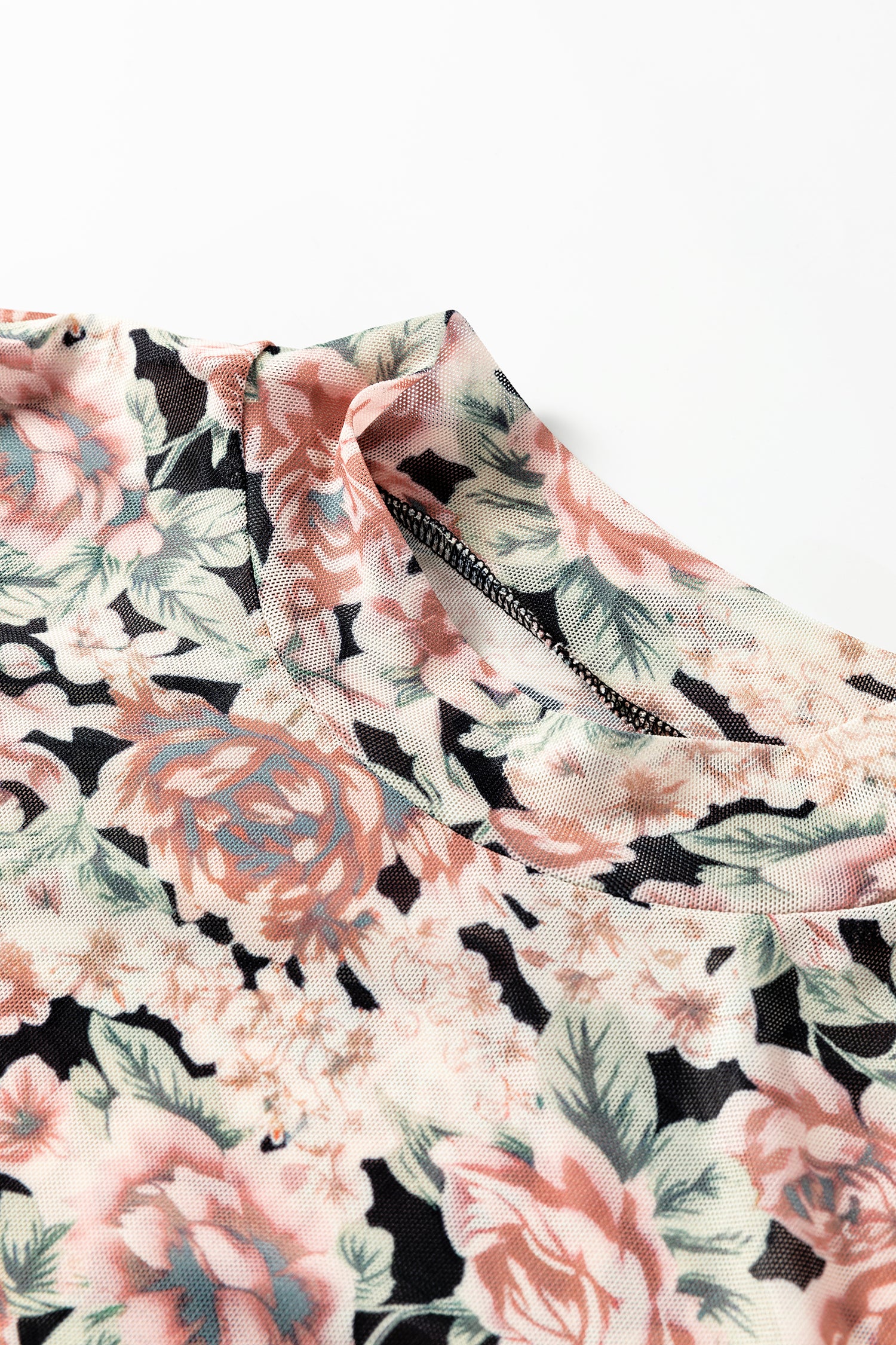 White Retro Floral Print Mock Neck Mesh Long Sleeve Top