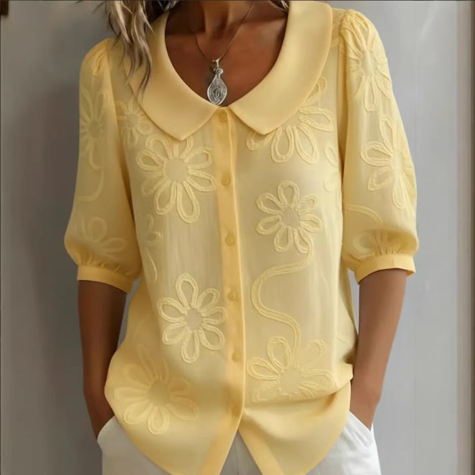 Loose-fit Retro Buttoned 3D Embroidered Floral Shirt