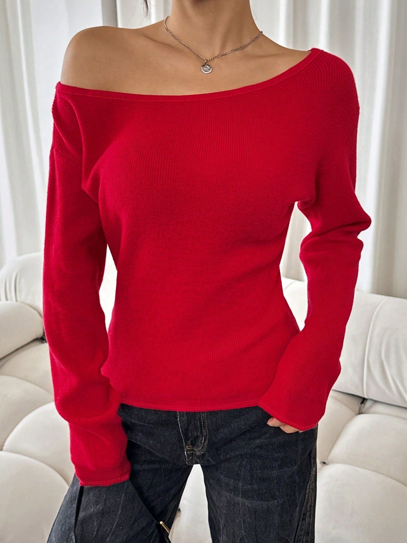 Women's Long-sleeved Knitted Round-neck Waist-cinching Base Sweater