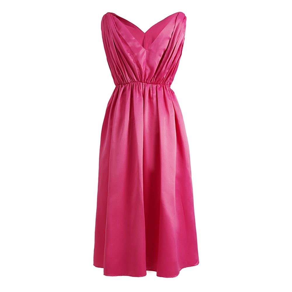 Satin Texture V-Neck Waist Large Hem Dress Sleeveless Pink Long Dress