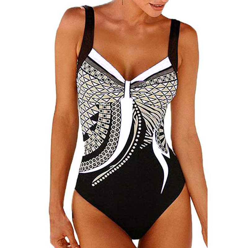 Strap retro printed sexy backless ladies one-piece swimsuit