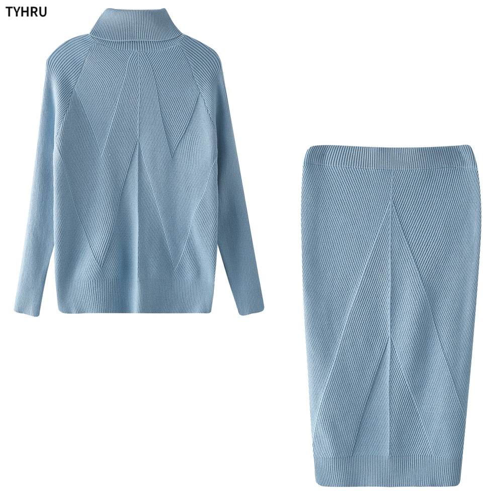 Autumn Women's Knitting Costume Turtleneck Solid Color Pullover Sweater + Slim Skirt Two-Piece Set