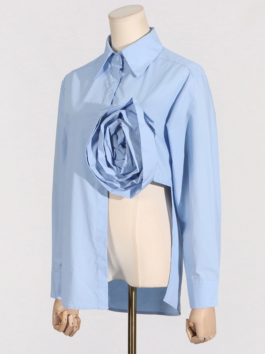 Casual style lapel flower splicing design with hollowed out slit style long sleeved top for women