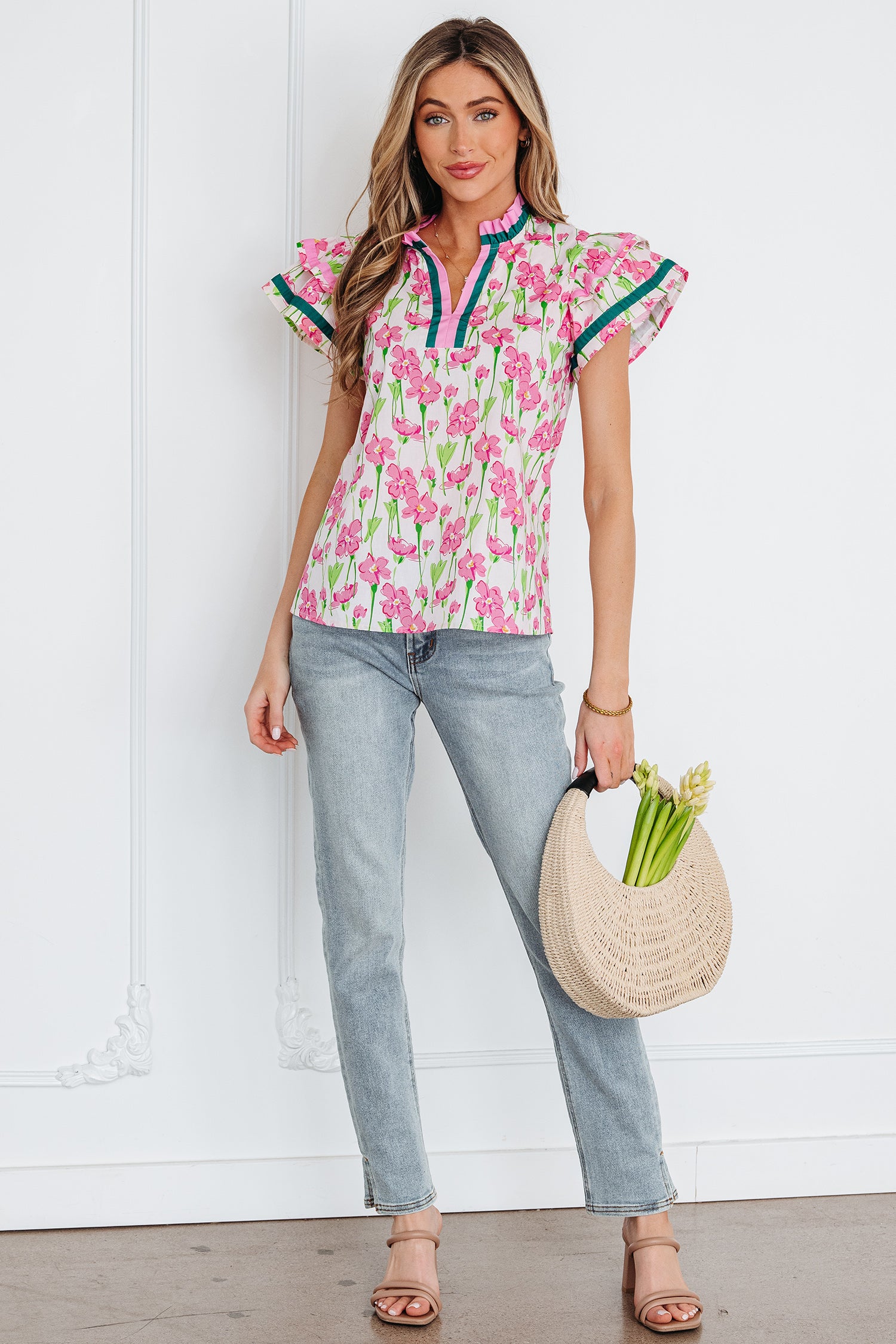 Pink Floral Print Contrast Trim V Neck Double Ruffled Short Sleeve Blouse