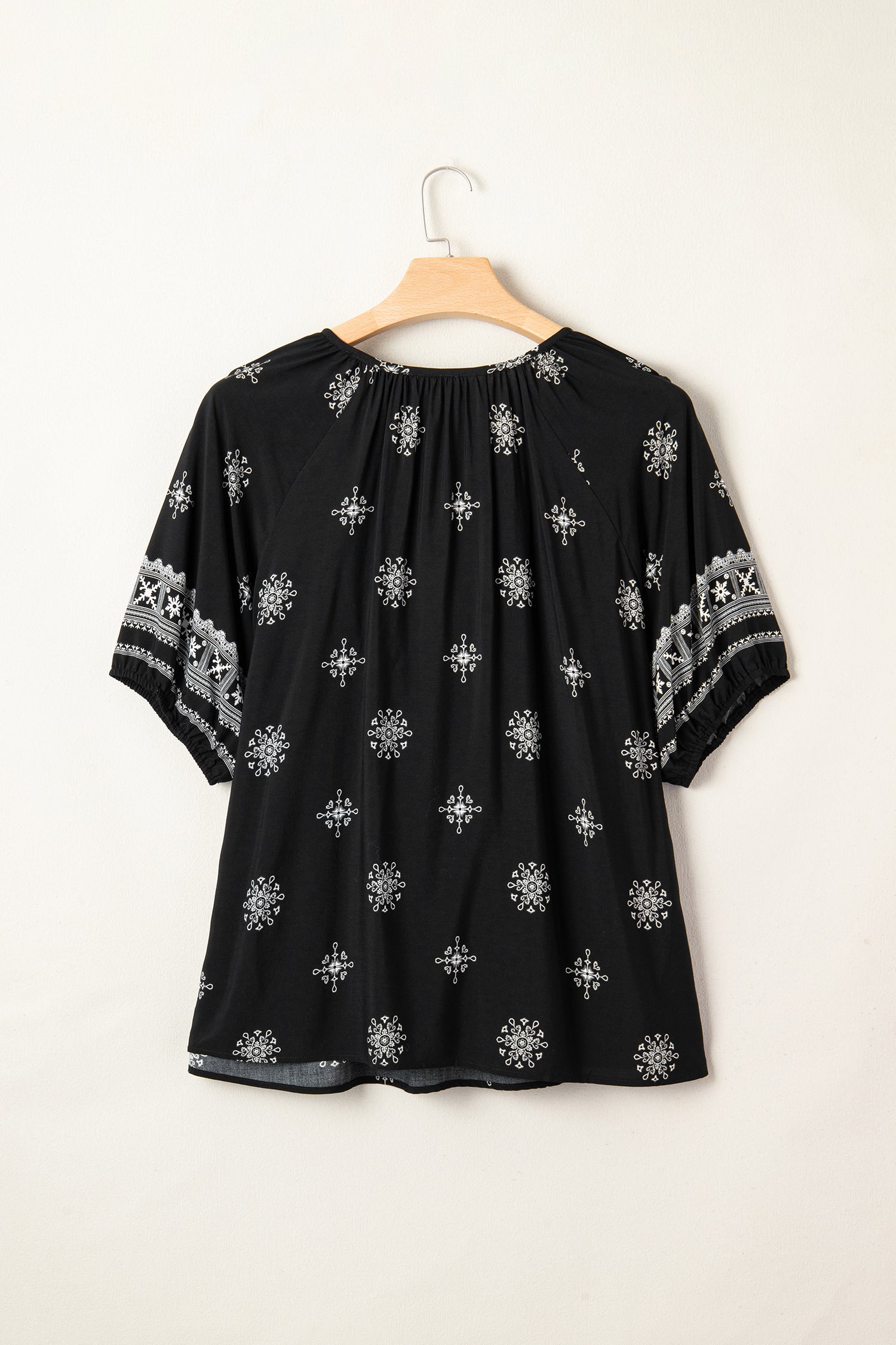 Black Boho Chic Notched V Neck Plus Floral Short Sleeve Top