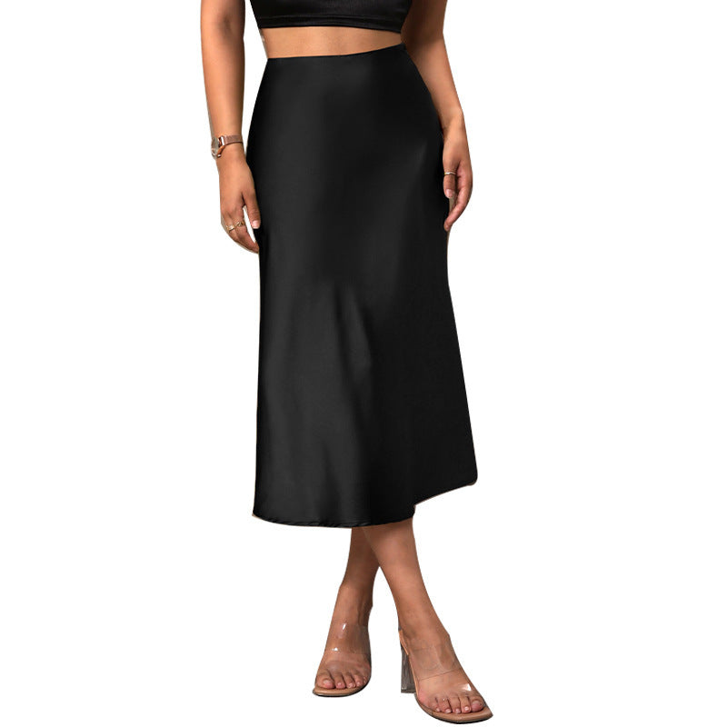 Satin Elegance Style Polyester Midi A- Line Skirt