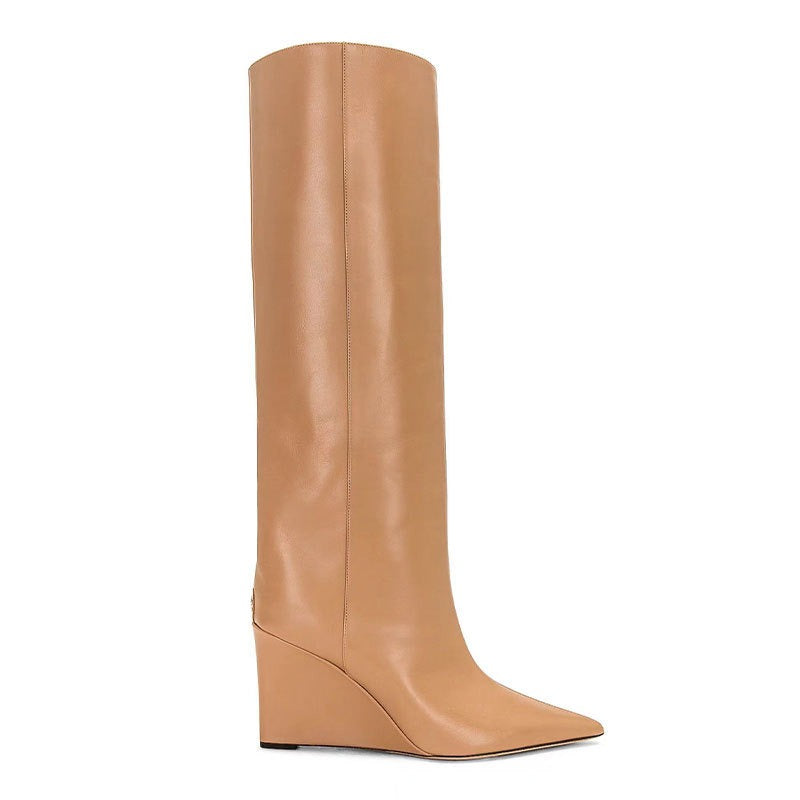 new fashion slip-on ladies wedge knee high boots shoes woman sexy elegant solid pointed-toe woman boots