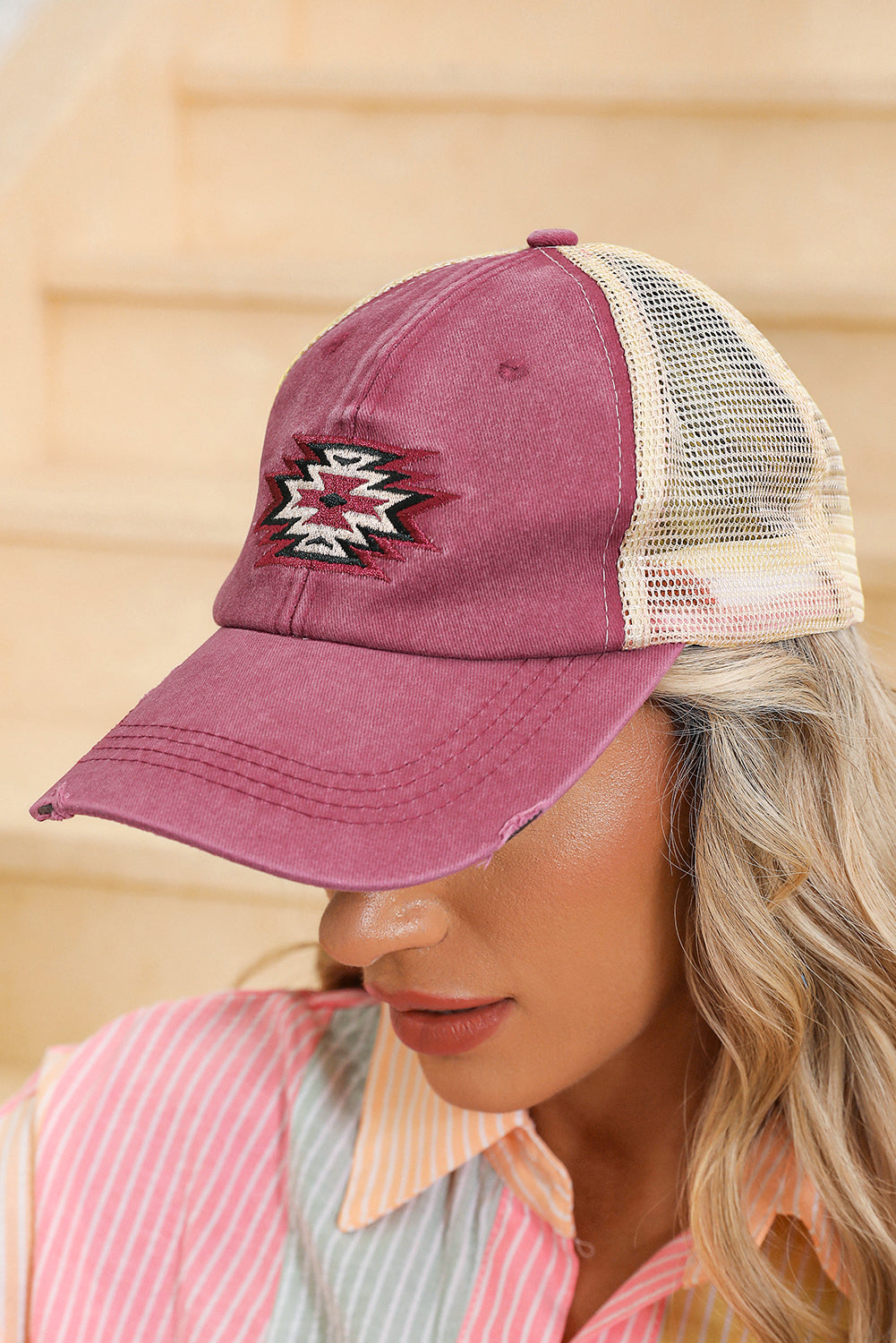 Coral Geometric Pattern Distressed Baseball Cap