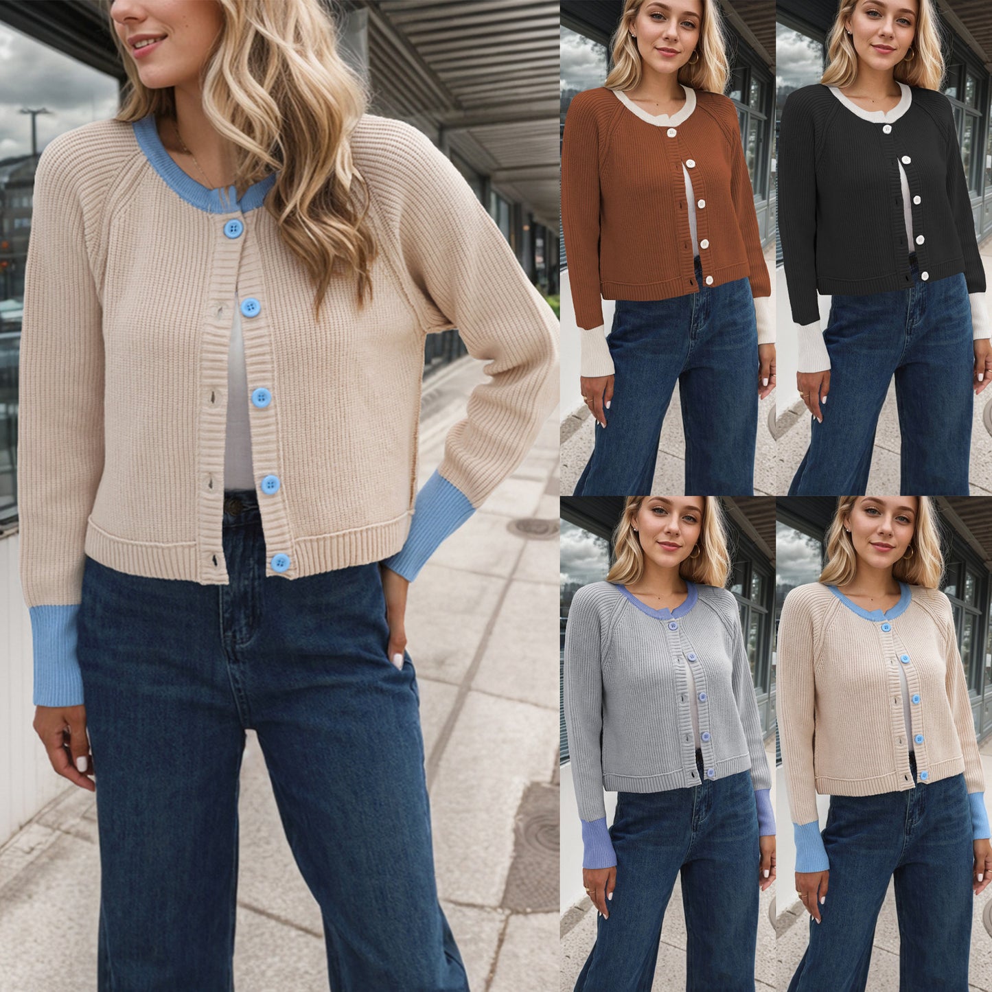 Fashion Round Neck Single Row Button Contrast Color Coat For Women