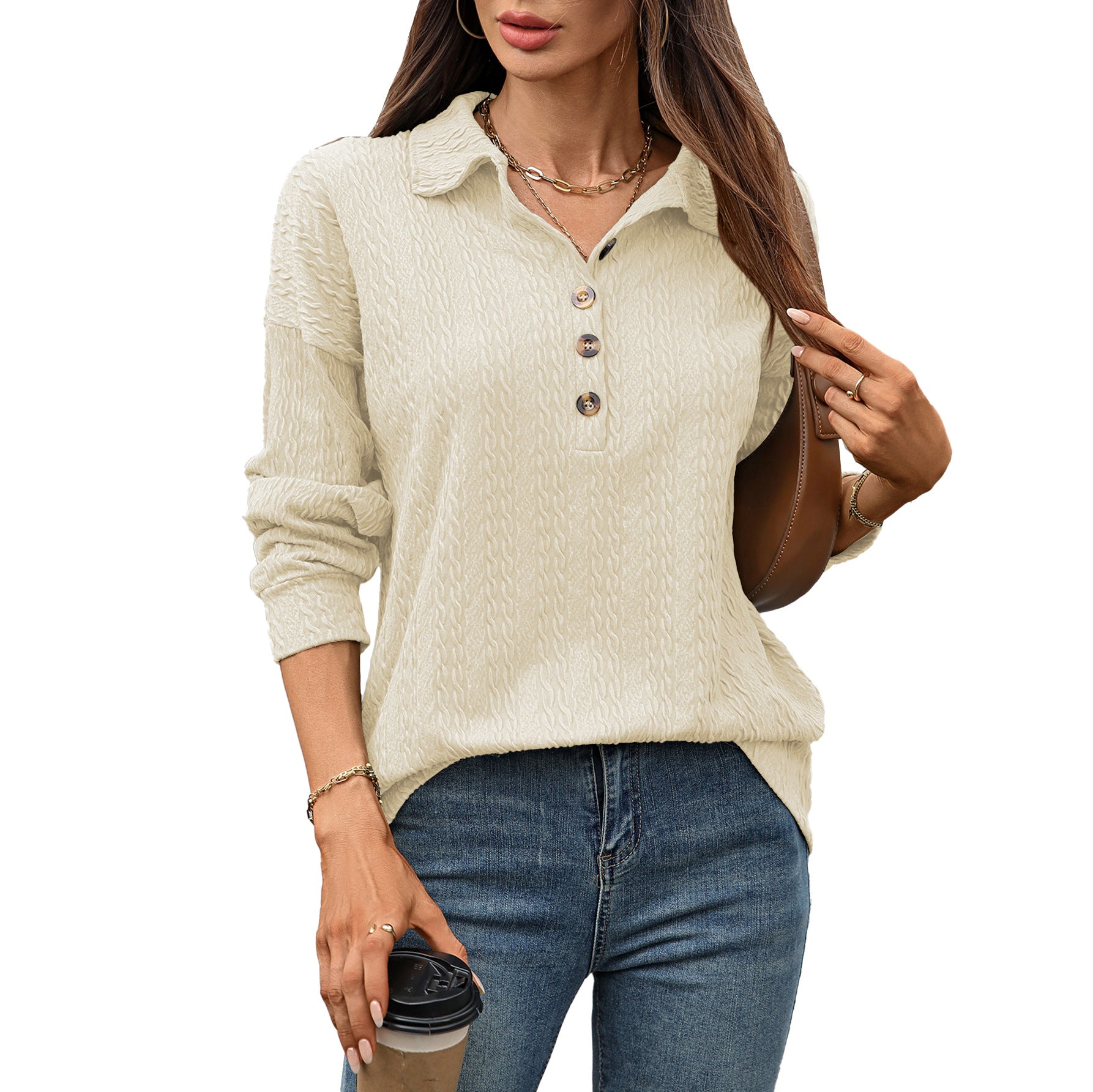 Solid Color Polo Collar Button Loose Long Sleeve Sweatershirt
