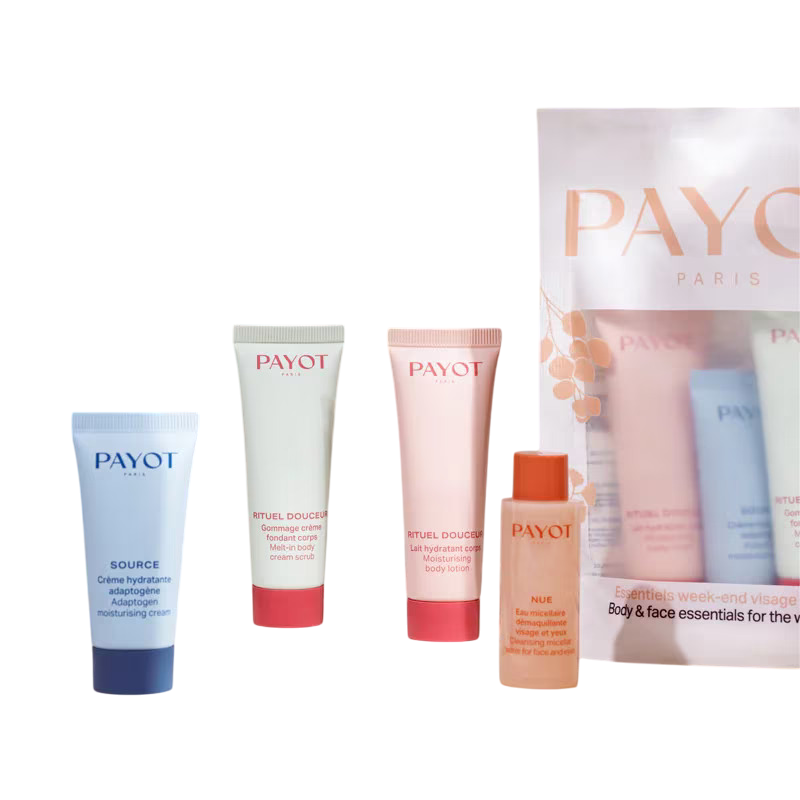 Discovery Kit Set Payot: Rituel Douceur, Eliminates Impurities, Exfoliating Cream, 20 ml + Source Adaptogen, Natural Ingredients, Hydrating 48H, Morning & Evening, Cream, For Face, 15 ml + Rituel Douceur, Hydrates, Body Lotion, Body, 25 ml + Nue, Clean...