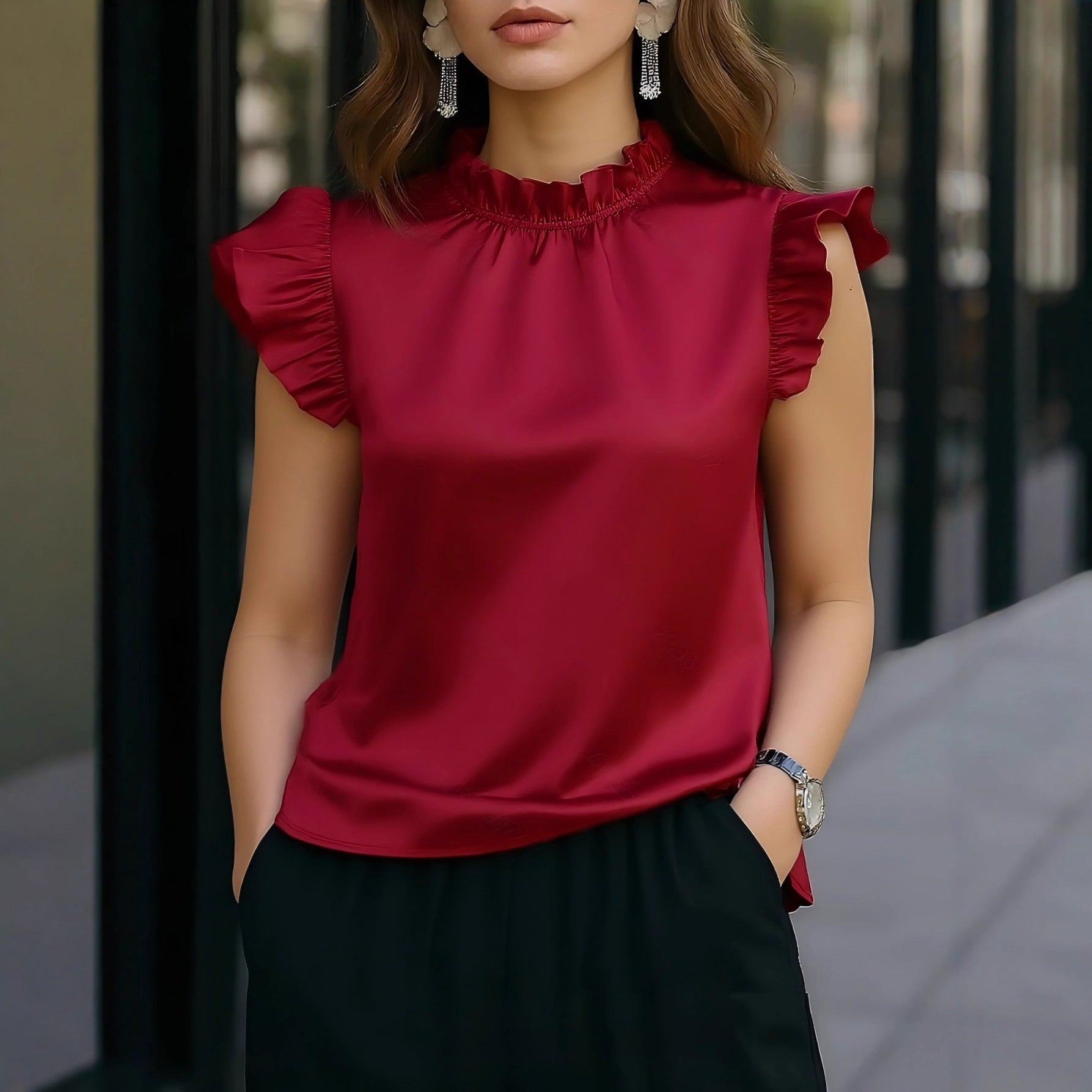 Stylish Sleeveless Top With Elegant Ruffled Sleevesversatile And Perfect For The Office