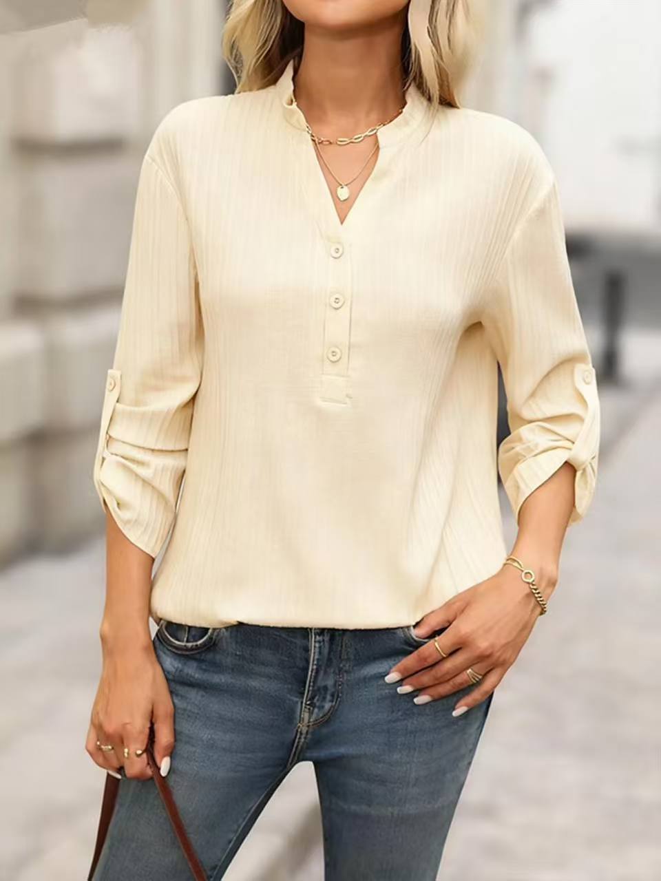 V-neck Partially Open-buttoned Shirt Fashionable And Versatile Top