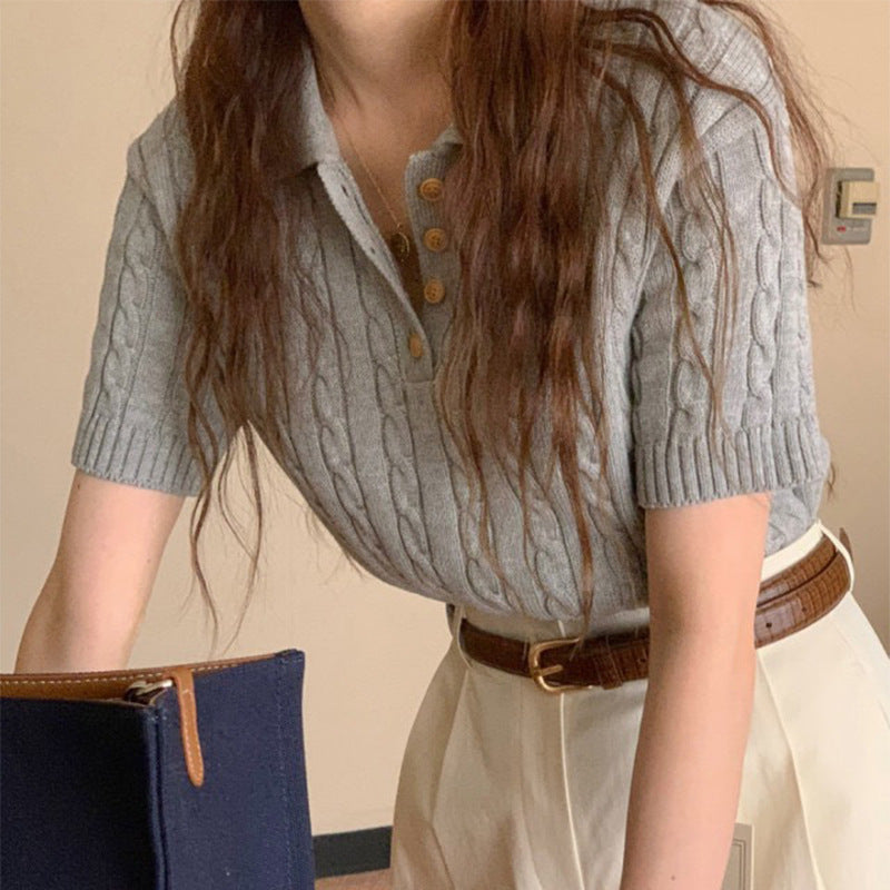Niche Temperament Polo Collar Hemp Pattern Design Loose Leisure All-matching Short Sleeve