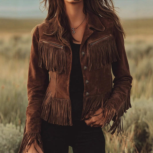 Women's Solid Color Fringe Suede-Look Jacket, Western Style Long Sleeve Button Front Coat For Fall & Winter