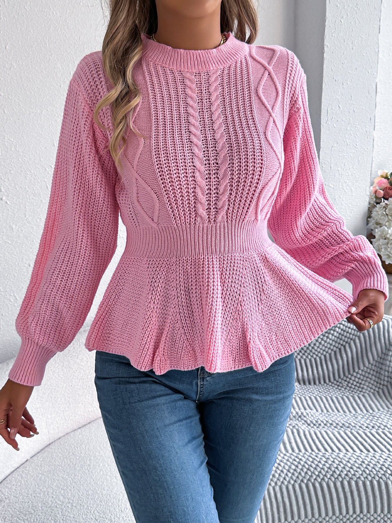 Women Solid Color Cable Knit Cinched Waist Ruffled Long Sleeve Pullover Sweater