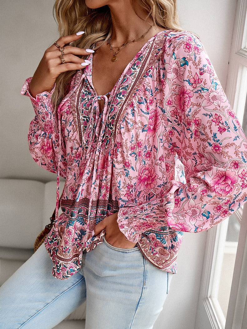 Pink Floral Shirt and Blouses Autumn Women Top Loose Full Sleeve Streetwear Pullover Outfit Office Lady Dress Up Female Clothing