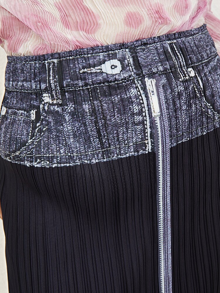 Printed Denim Pleated Skirts For Women High Waist Zipper Split Retro Skirt Female Clothing