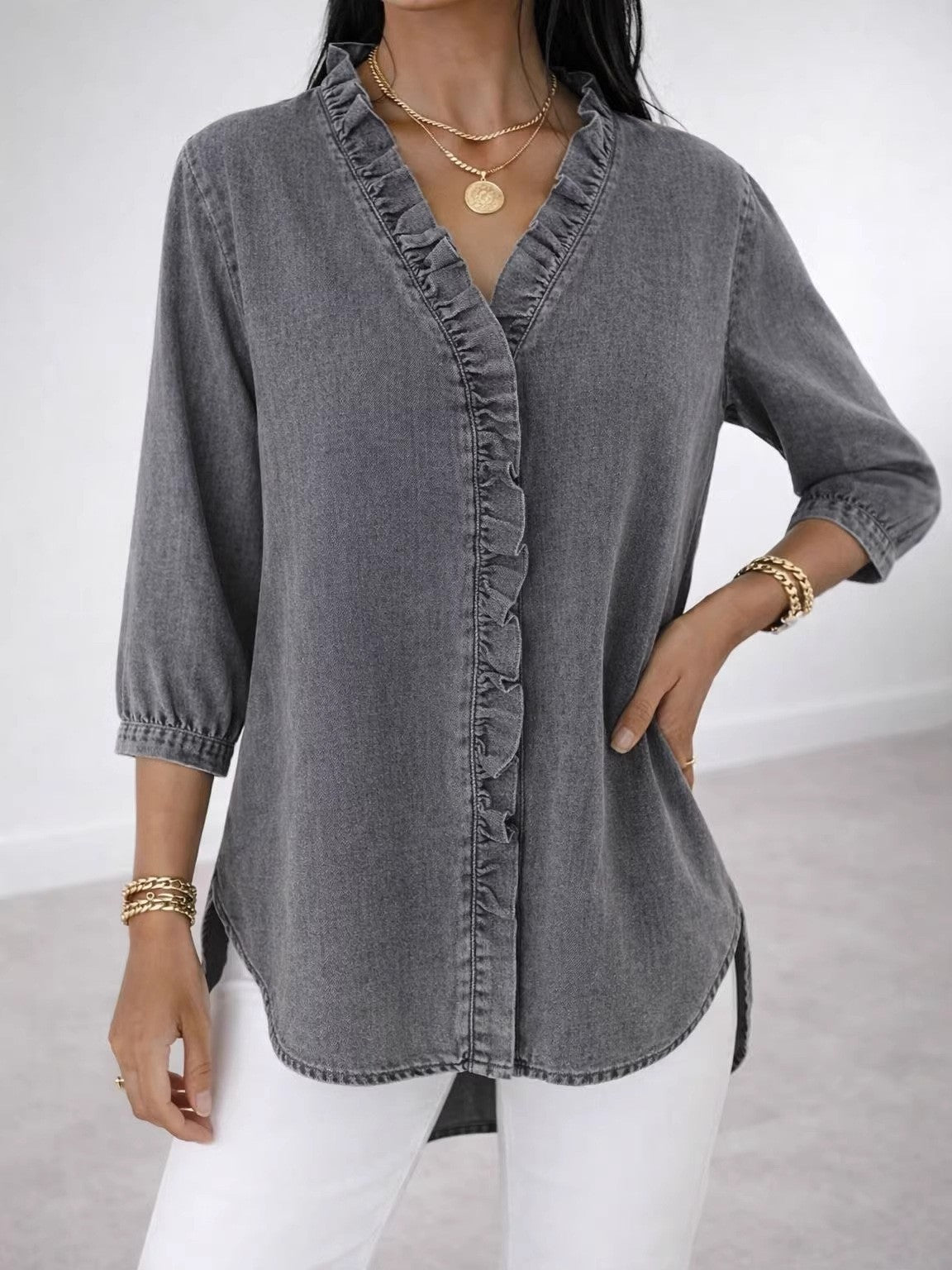 Women's Fashionable Casual Faux Denim V-Neck Shirt