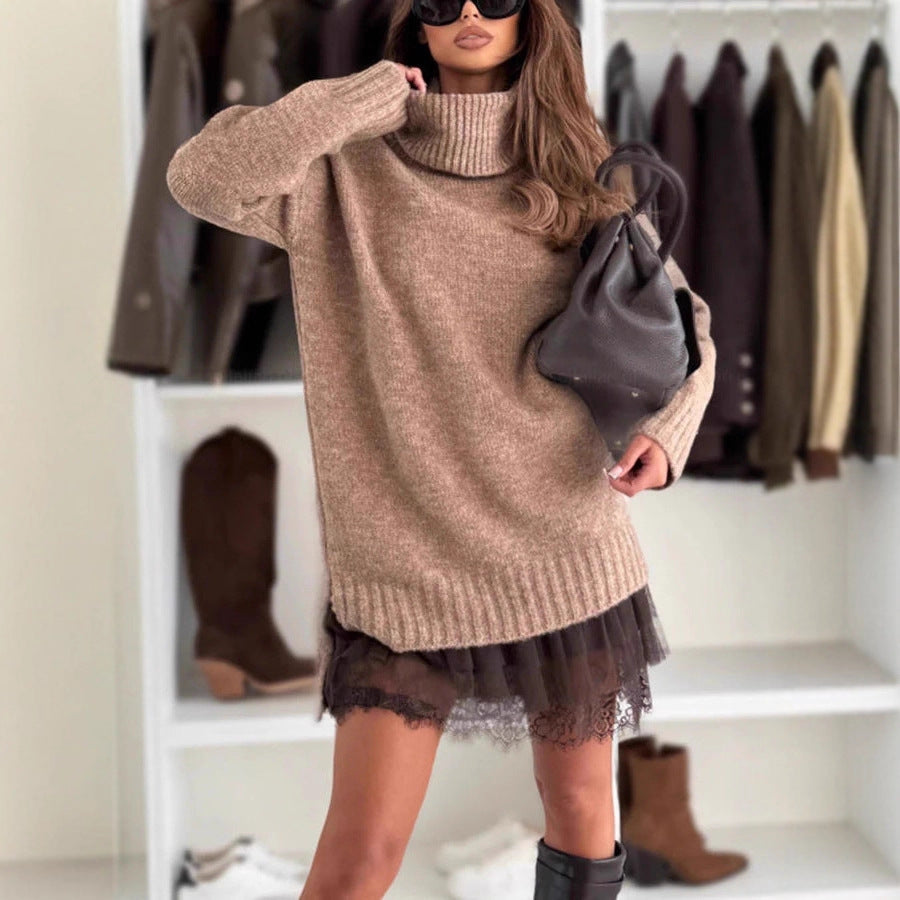 Women's Two-piece Set With Knitted Top And Lace-trimmed Dress