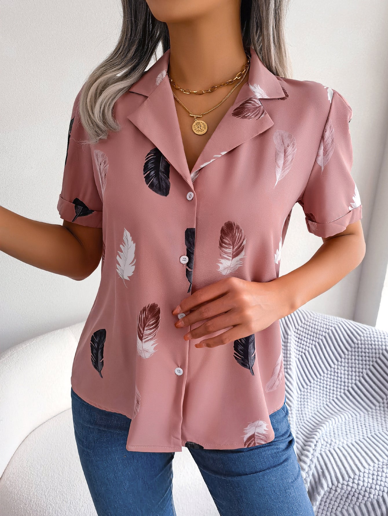 Women   Elegant Notched Lapel Feather Loose Short Sleeve Shirt