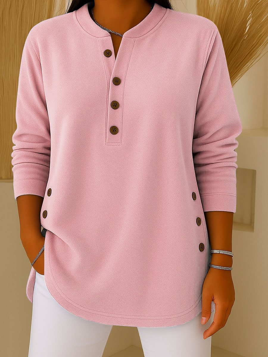 V-neck Button Solid Color Knitted Long Sleeve T-shirt