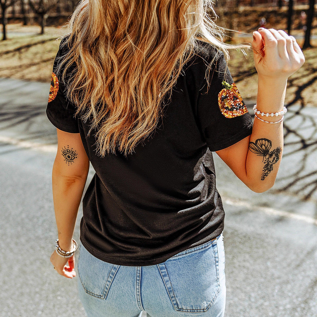 Women's Casual Halloween Sequin Stitching Loose Short Sleeve