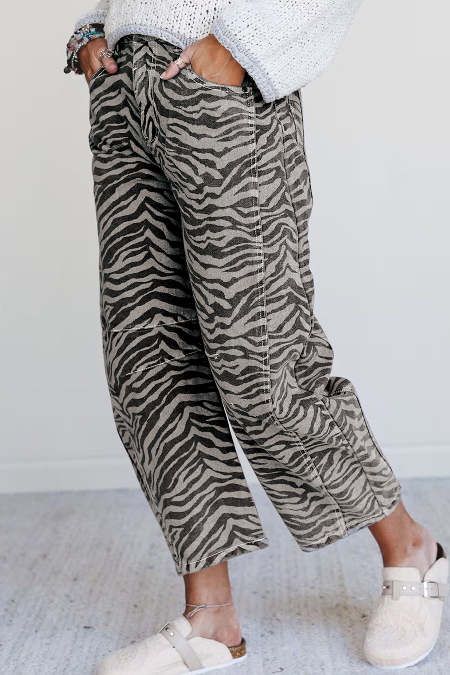 Gray Zebra Stripe Printed Wide Leg Jeans