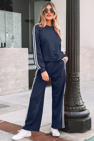 Dirty blue Varsity Striped Detail Crewneck Pullover Elastic Sweatpants 2pcs Outfit