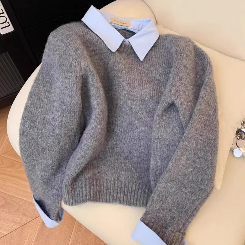 Women's Elegant Fake Two-Piece Sweater, Collared Long Sleeve Pullover With Button Detail For Versatile Layering