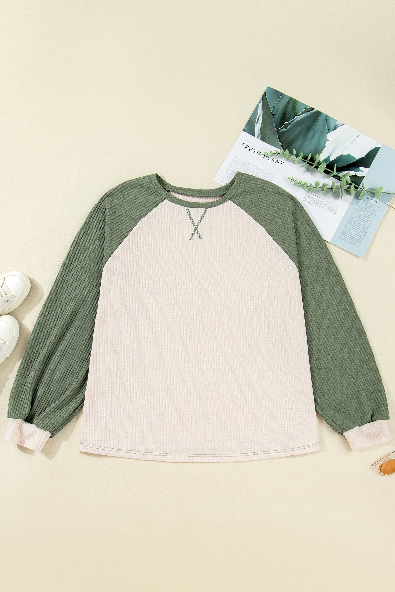 Mist Green Plus Size Waffled Color Block Long Sleeve Top
