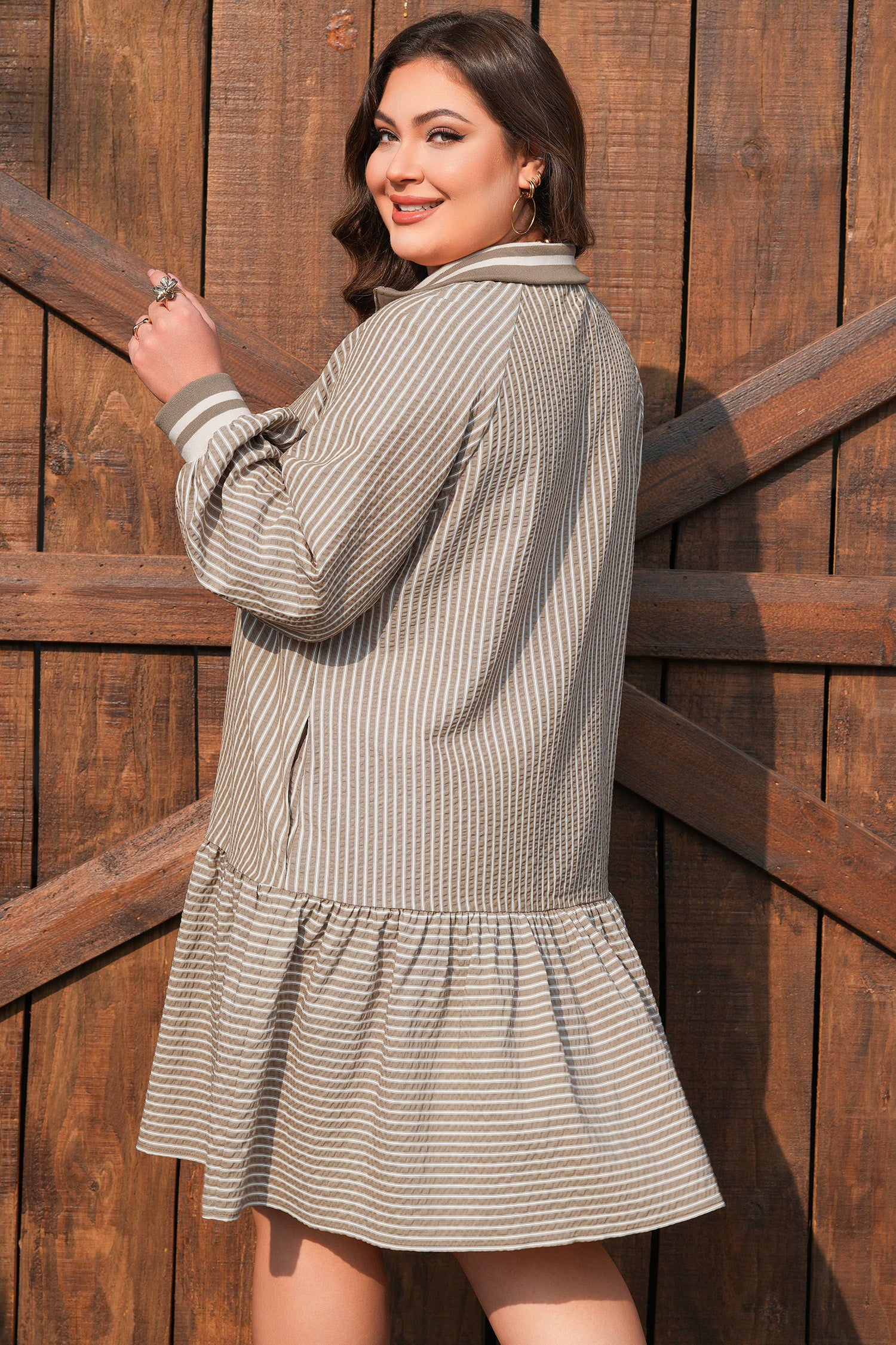 Khaki Stripe Zip up Collared Puff Sleeve Ruffled Plus Size Mini Dress