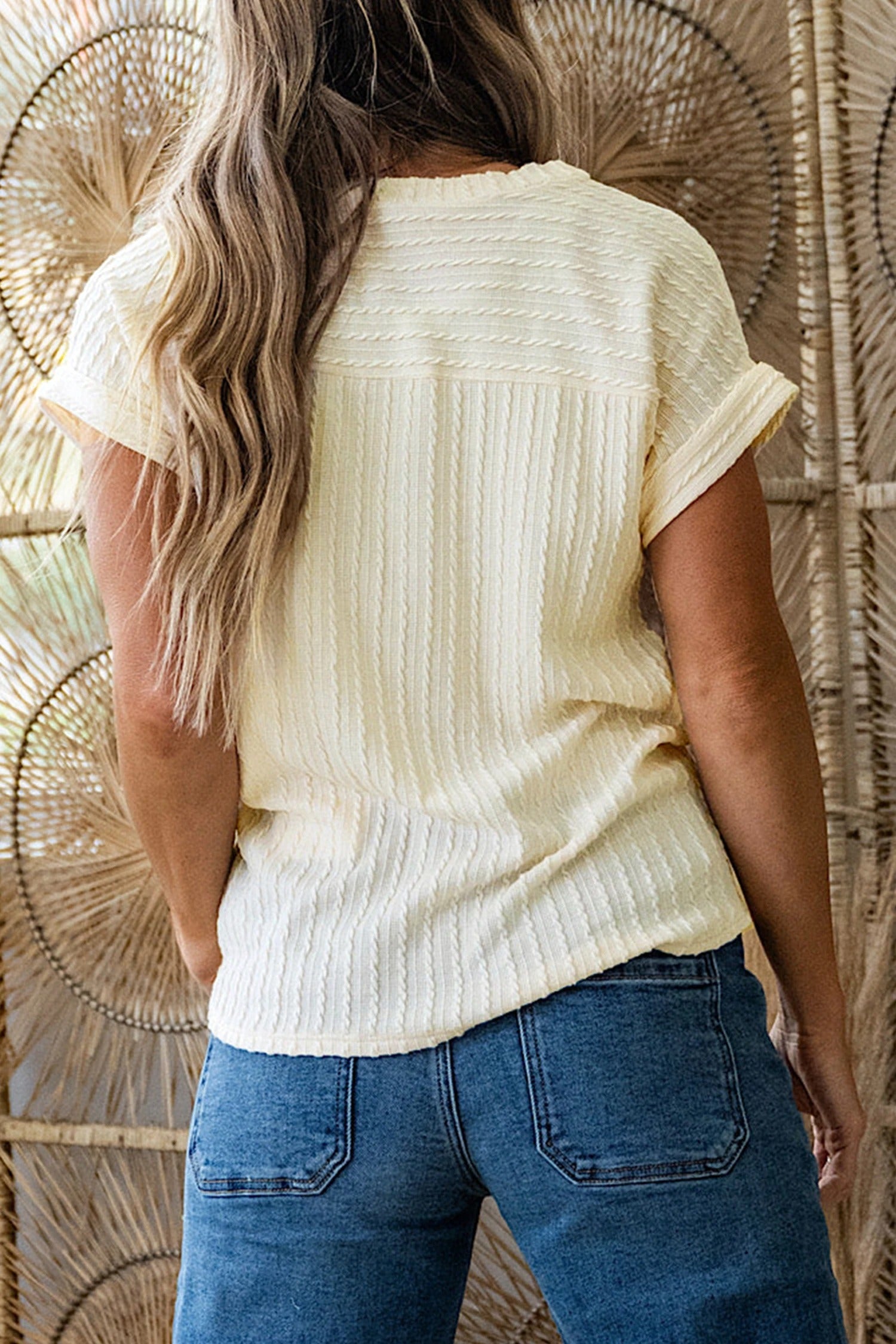 Womens Solid-Color Versatile V-Neck Ribbed Short-Sleeve Top