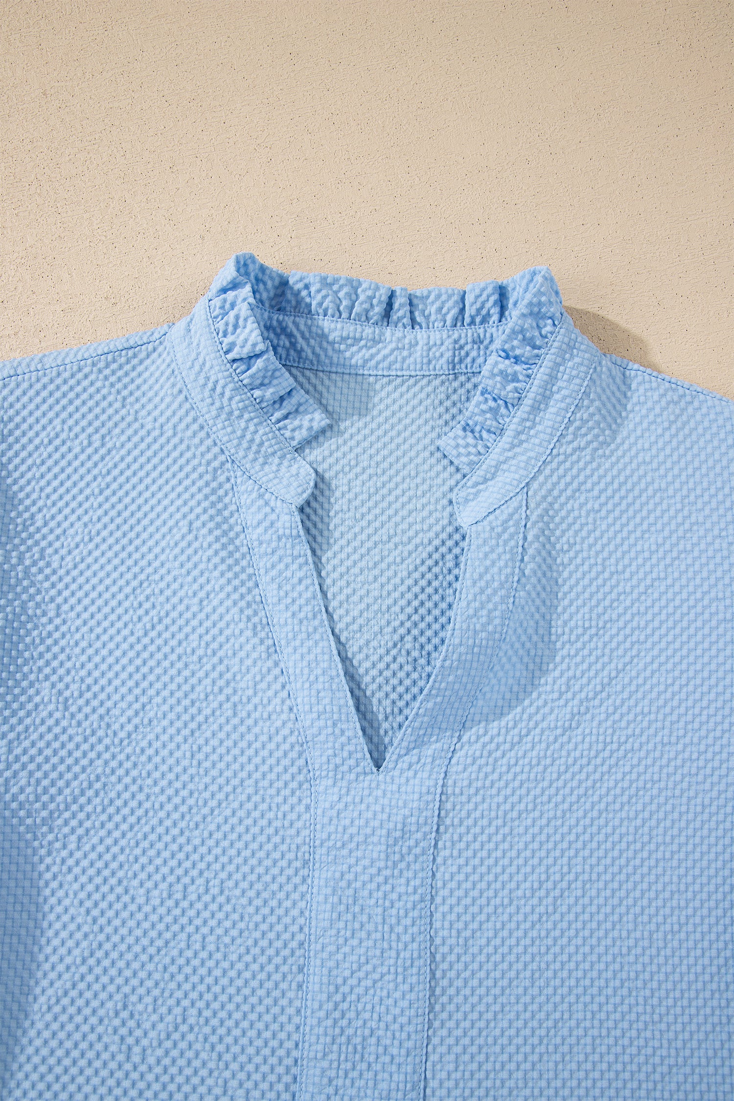 Beau Blue Flower Embroidered Puff Sleeve Split Neck Textured Blouse