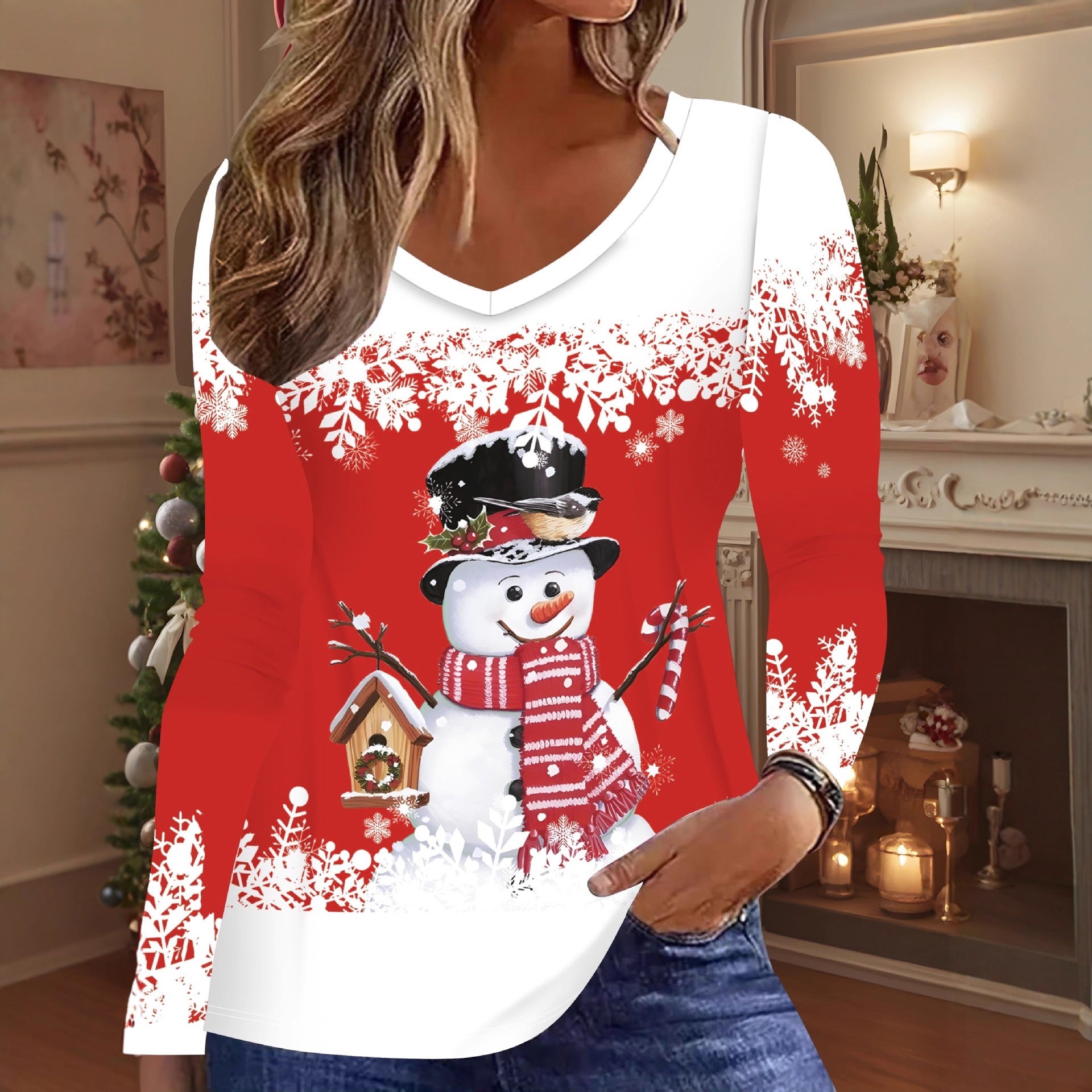 New Christmas Snowman V-neck Printed Long-sleeve Womens Top