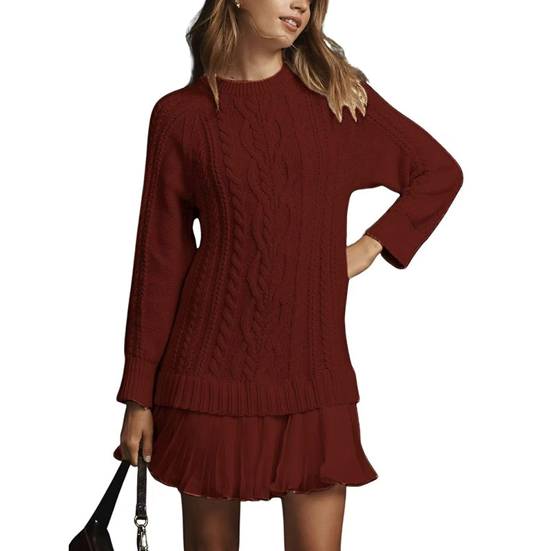 Women's Solid Color Cable Knit Sweater With Lace Hem, Round Neck Long Sleeve Top For Autumn And Winter