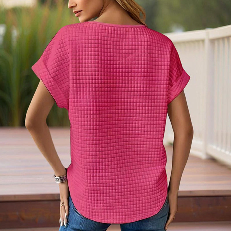 Women's Solid Color Round Neck Short Sleeve Top - Textured Cuff Detail Comfortable Summer Casual Tee