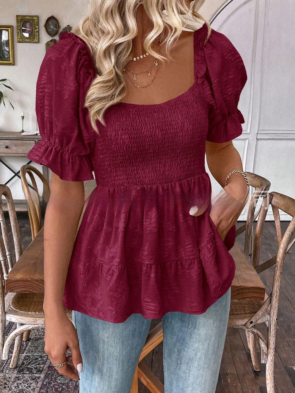 Elegant Tunic Top With A Square Neck Puff Sleeves And A Defined Waistline