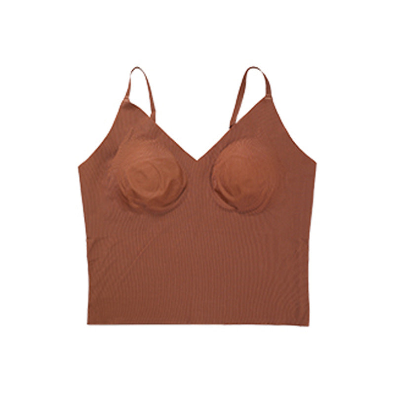 One-Piece Camisole Underwear Female V-Neck Seamless Nude Beauty Straps Chest Pad Bra Can Be Worn Outside Sports Underwear