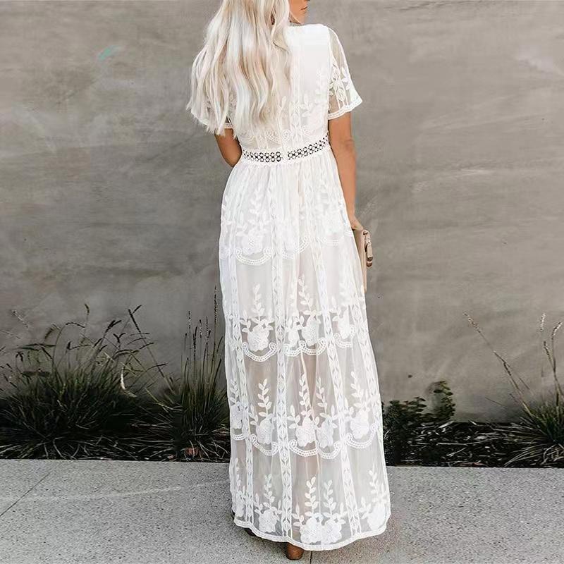 Lace long sleeved V-neck solid color chiffon summer dress