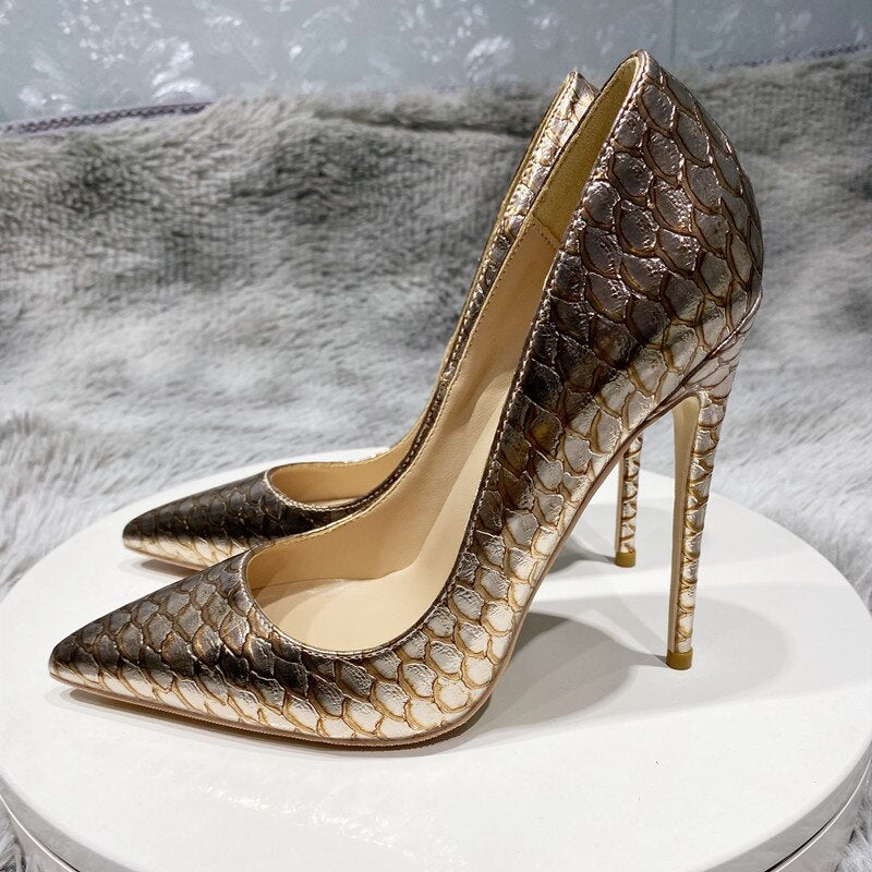 Tikicup Shiny Gold Crocodile Effect Women Pointy Stiletto Pumps Sexy Ladies Designer Party High Heel Shoes Plus Size 33-45