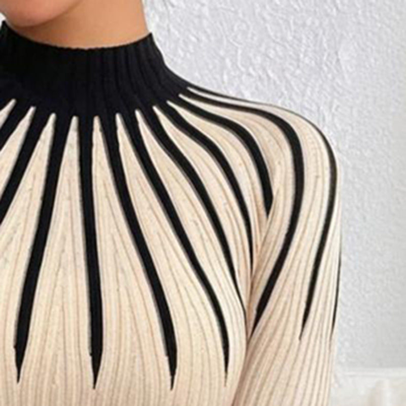 Women's Slim Fit Mock Neck Sweater, Ribbed Striped Long Sleeve Knit For Fall Winter 2025